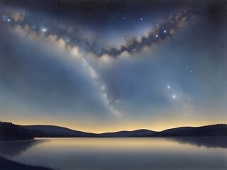 Highland landscape with night sky. AI generated illustration