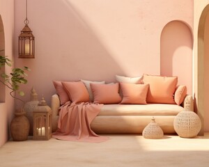 A cozy room filled with a vibrant pink wallpaper, a plush couch surrounded by colorful pillows, and a lush houseplant in a vibrant flowerpot, creating a calming and inviting atmosphere