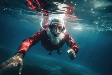 Fototapeta na wymiar Real santa claus in red suit and santa hat looking at camera and laughing, swimming underwater with oxygen tube, present box swim , underwater shot . Generative AI.
