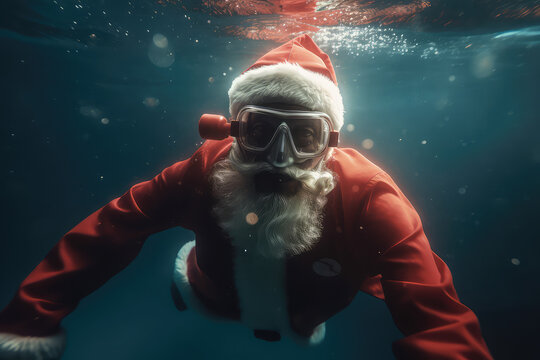 Real santa claus in red suit and santa hat looking at camera and laughing, swimming underwater with oxygen tube, present box swim , underwater shot . Generative AI.