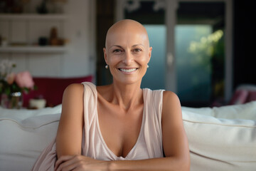Naklejka premium Portrait of a strong, beautiful smiling woman with no hair, cancer survivor, sitting on the sofa in her home.