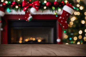 Fototapeta na wymiar Empty wooden table on the background of Christmas decorations. Blurred fireplace with christmas stocking
