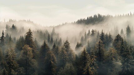 fog shrouded thick coniferous woodland