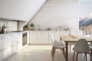 Fototapeta premium This home kitchen design with its stylish furniture, counters, cabinetry, and walls, invites you to gather around the table and chairs to create memories and share stories that will last a lifetime