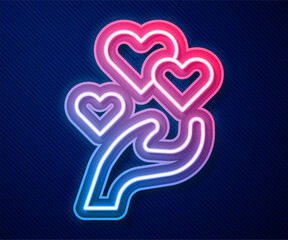 Glowing neon line Heart in hand icon isolated on blue background. Hand giving love symbol. Valentines day symbol. Vector