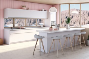 Fototapeta premium This cozy kitchen, with its inviting bar and stylish stools, features a warm and inviting design with an eye-catching wall, comfortable furniture, and stunning cabinetry, providing the perfect space 