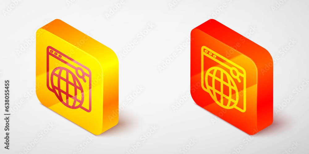 Poster isometric line search engine icon isolated on grey background. yellow and orange square button. vect