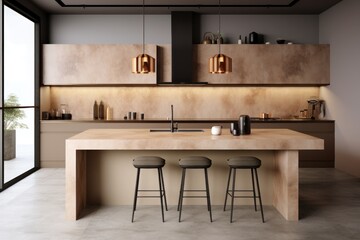 This modern kitchen features sleek cabinetry, a beautiful countertop, a wall-mounted table, and inviting bar stools that invite one to linger, creating a cozy and inviting atmosphere for any home