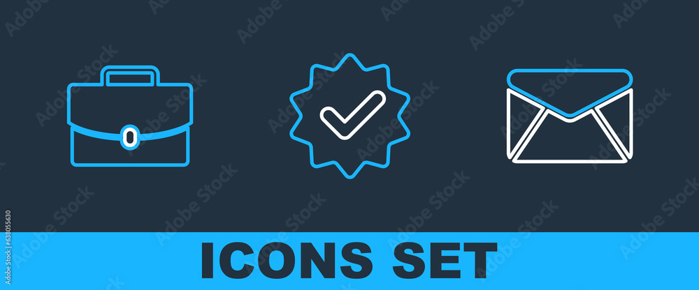 Aufkleber set line envelope, briefcase and approved and check mark icon. vector