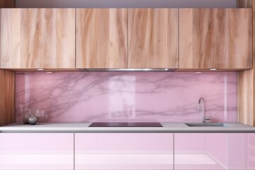 Obraz na płótnie Canvas A vibrant pink kitchen with wooden cabinetry, a sparkling sink, and a sparkling countertop that radiates warmth and homely comfort