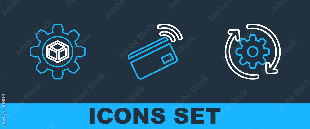 Poster set line gear and arrows as workflow, product development and contactless payment icon. vector