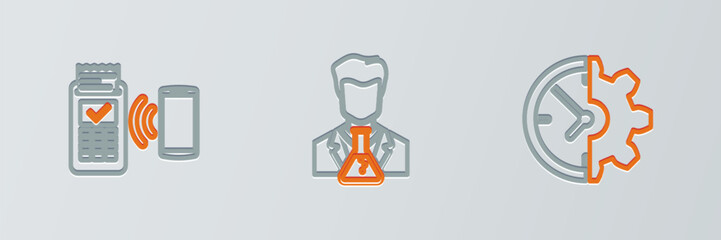 Set line Clock and gear, POS terminal and Scientist test tube icon. Vector