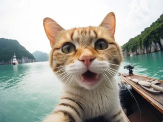 A cute and happy cat smiles while taking a selfie in front of Halong Bay