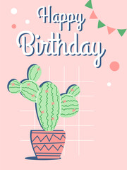 Greeting card with cactus. Rose green color. Happy birthday trendy postcard. Vector illustration.