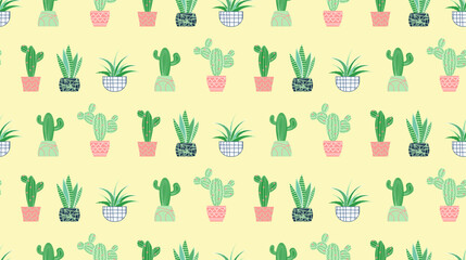 Succulents seamless pattern. Succulent ornament, floral pattern with beautiful plants. Succulents of various shapes. Potted plants. Cactus potted. Blooming
cacti, popular house plants.