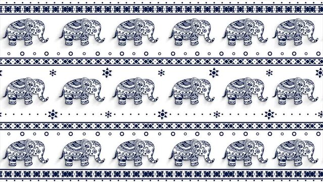 Elephant Print Fabric pattern loop animation, South East Asia elephant batik ethnic seamless pattern