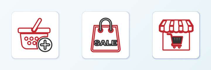 Set line Market store with shopping cart, Add Shopping basket and bag Sale icon. Vector