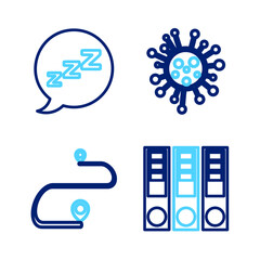 Set line Office folders, Route location, Bacteria and Speech bubble with snoring icon. Vector