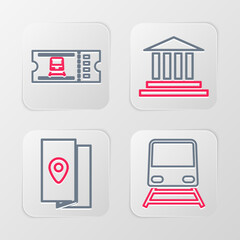 Set line Train, Cover book travel guide, Museum building and ticket icon. Vector