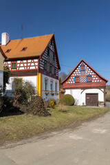 Half-timbered farmhouse, folk architecture in Doubrava, Western Bohemia, Czech Republic