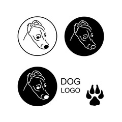 Round dog logo black and white. Set of vector pet icon. Different expressions of the dog's face