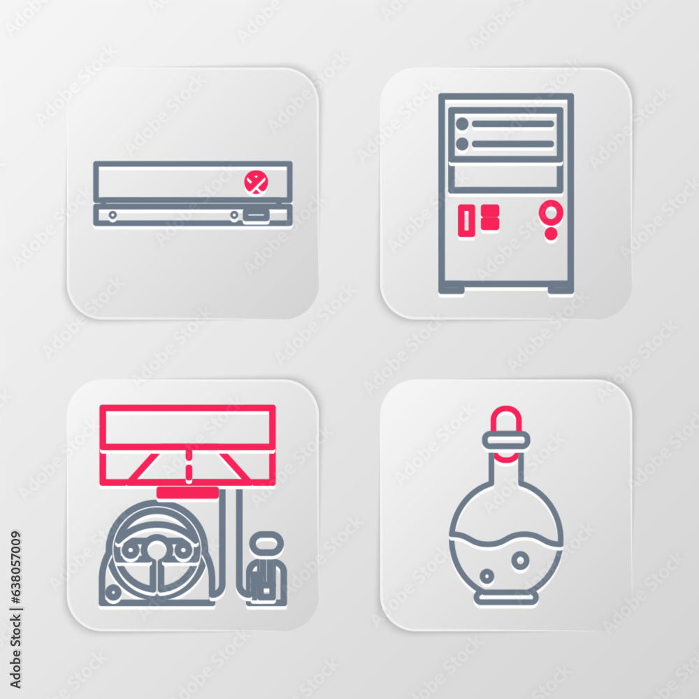 Poster set line bottle with magic elixir, racing simulator cockpit, computer and video game console icon. v