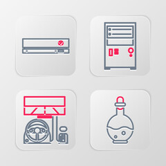 Set line Bottle with magic elixir, Racing simulator cockpit, Computer and Video game console icon. Vector