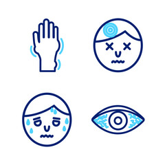 Set line Reddish eye allergic conjunctivitis, Man with excessive sweating, having headache and Hand psoriasis or eczema icon. Vector