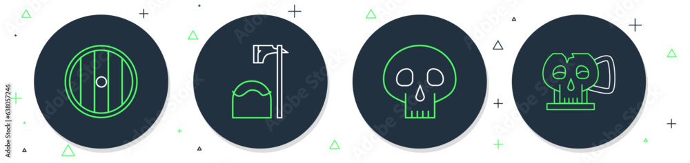 Poster set line executioner axe in tree block, skull, round wooden shield and cup from the skull icon. vect