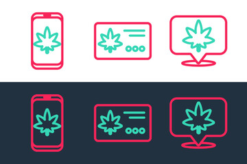 Set line Location and cannabis, Mobile marijuana or and Calendar leaf icon. Vector