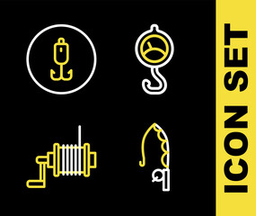 Set line Spring scale, Fishing rod, Spinning reel for fishing and hook icon. Vector