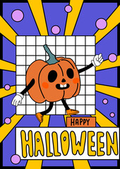Happy Halloween poster. Groovy cartoon style pumpkin character that walking. Retro style Jack O`Lantern. Vintage pumpkin illustration. Anthropomorphic pumpkin character with arms and legs.