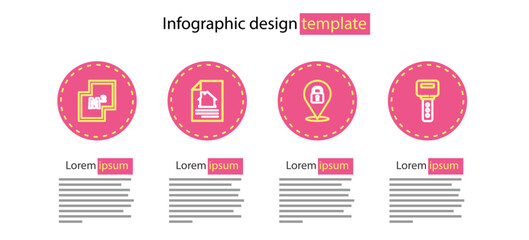 Set line Location lock, House key, contract and plan icon. Vector