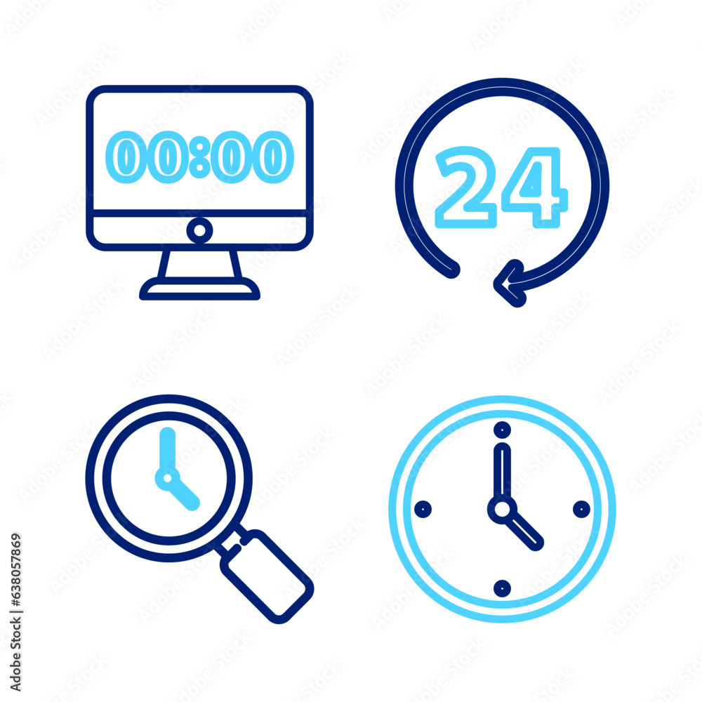 Sticker Set line Clock, Magnifying glass with clock, 24 hours and on monitor icon. Vector