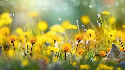 Foto op Canvas Panoramic background of the field with yellow dandelions in springtime. © Ali