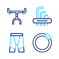 Set line Bicycle brake disc, Cycling shorts, Tool allen keys and handlebar icon. Vector