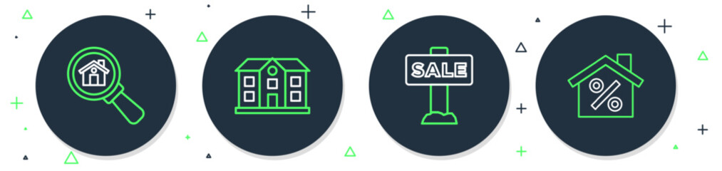 Set line House, Hanging sign with Sale, Search house and percant discount icon. Vector