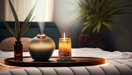 modern living interior with fireplace, candle light night, tiny plants