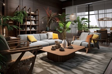 Armchair made of rattan, gray couch, cube, and plaid pillows Tropical plants, macramé, and exquisite decorations make up the stylish and innovative living room setting. A lovely interior. Interior
