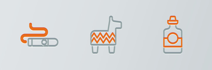 Set line Tequila bottle, Cigar and Pinata icon. Vector