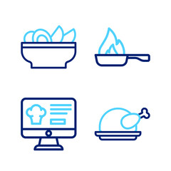 Set line Roasted turkey or chicken, Online ordering and delivery, Frying pan and Nachos plate icon. Vector