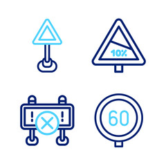 Set line Speed limit traffic, Road barrier, Steep ascent and descent road and Triangle warning blank icon. Vector