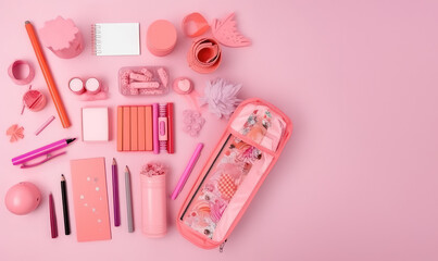 School supplies on minimalism background, top wie . Back to school concept place for text. Pink pastel colors. Generative AI. - obrazy, fototapety, plakaty