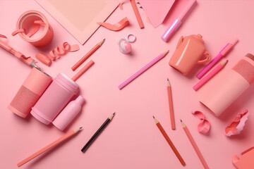 School supplies on minimalism background, top wie . Back to school concept place for text. Pink pastel colors. Generative AI. - obrazy, fototapety, plakaty