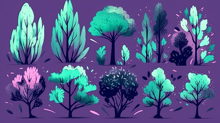 Illustration with painted green and purple trees, generative AI.