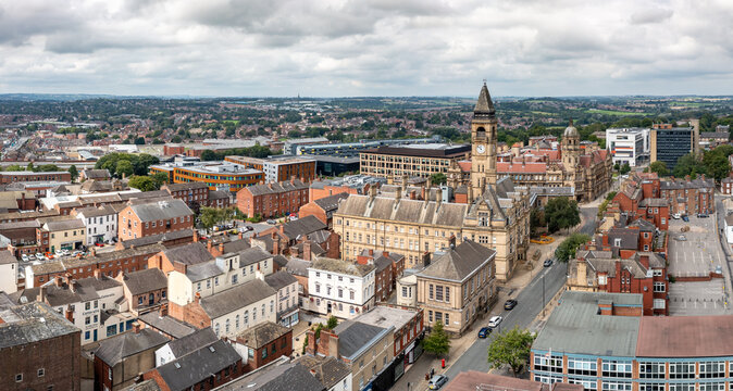 Aerial panorama of historic buildings in Wakefield in West Yorkshire