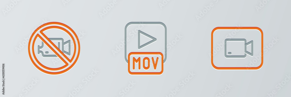 Poster set line play video button, prohibition no recording and mov file icon. vector