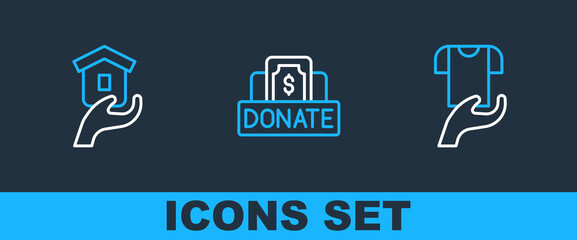 Set line Clothes donation, Shelter for homeless and Donation and charity icon. Vector