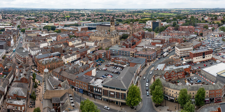 Aerial panorama of Wakefield city centre in West Yorkshire