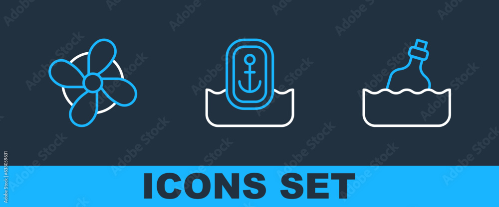 Poster set line bottle with message in water, boat propeller and location anchor icon. vector